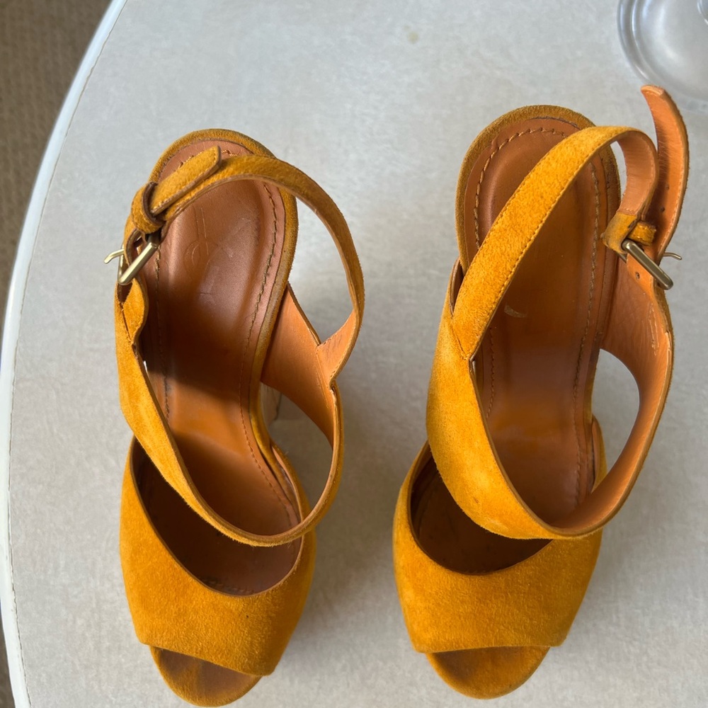 Yves Saint Laurent | YSL | Deauville Cork Heel Wedge Sandals | Yellow Marigold - Picture 7 of 8